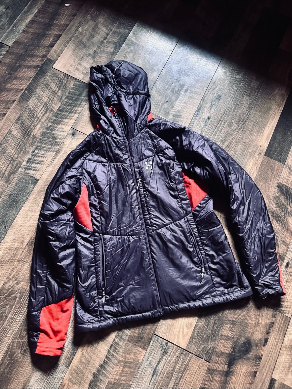 Haglöfs Women’s Hooded Touring Insulation Jacket in Deep Purple with Red Accent